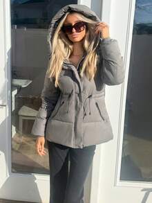 Sydney Algeri 时尚休闲可调节腰部绗缝中长款连帽加厚棉服外套女士冬季服装 - 灰色 - 查看 1