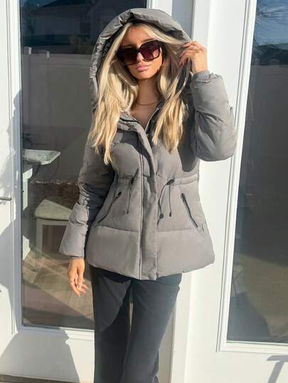 Sydney Algeri 时尚休闲可调节腰部绗缝中长款连帽加厚棉服外套女士冬季服装