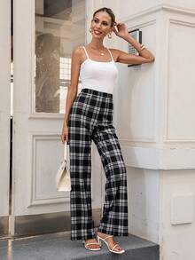 Editum 女士弹力针织格子黑色喇叭裤，优雅百搭，适合日常穿着、通勤、春夏穿着，格子裤，女士办公裤，商务休闲女裤，女士格子长裤，黑白格子裤，喇叭裤，弹力针织，办公裤，女士春夏格子裤 - 黑與白 - 查看 13