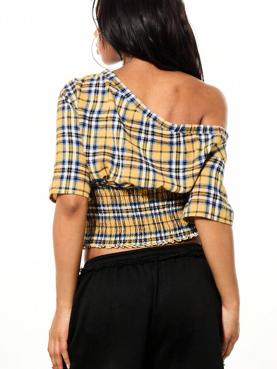SUMWON WOMEN Top Casual de Moda com Ombros à Mostra, Xadrez, Cropped, Cintura Franzida e Detalhe de Impressão de Número
