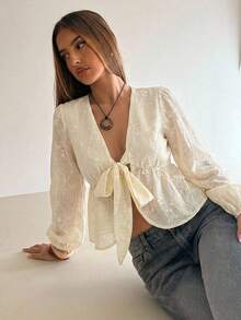 Aloruh Women's Autumn/Winter Sweet Ruffle Flare Sleeve Deep V Neck Embroidered Fitted Tie-Front Blouse - Beige - View 1