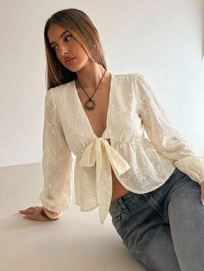 Aloruh Women's Autumn/Winter Sweet Ruffle Flare Sleeve Deep V Neck Embroidered Fitted Tie-Front Blouse