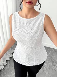 Elenzga Plus Size Women's Summer White Elegant Wedding Guest Blouse,Round Neck Sleeveless Bow-Tie Backless Hollow Eyelet Knit Casual Vacation Tops,Zanzea - White - View 5