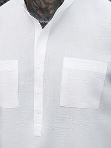 Manfinity Mode Men's Textured Striped Loose Fit Stand Collar Half-Placket Long Sleeve Shirt With Dual Pockets - White - View 3