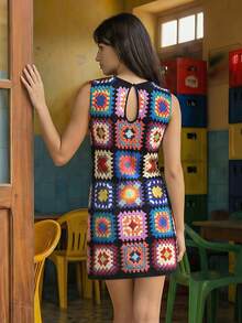 CAJUNI All-Over Print Casual Sleeveless Round Neck Vacation Dress - Black - View 2
