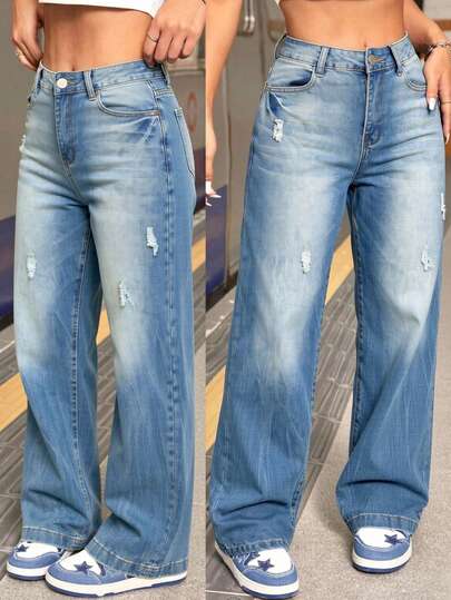 Jeans Ajustados de Cintura Media con Rotos de Color Azul Claro para Mujer, Pantalones Retro y Casuales