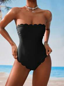 Swim Vcay 1pc Women Plain Color Strapless Scalloped One-Piece Swimsuit For Vacation For Summer - Black - View 5