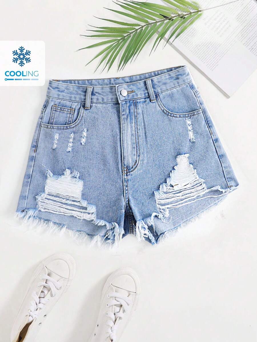 Breezaya Women's Pocket Design Distressed Raw Hem Casual Versatile Denim Shorts - Blue - View 1