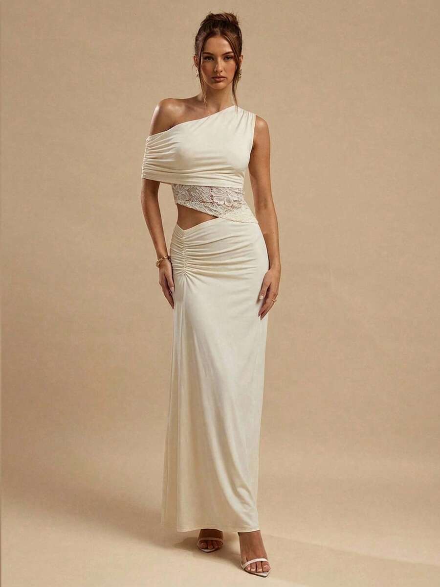 SHEIN BAE 女士黄色针织撞色蕾丝上衣和针织半裙两件套，优雅两件套服装 - 黃色 - 查看 1