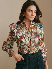 Anewsta Spring/Summer New Arrival Elegant Floral & Butterfly Print Stand Collar Ruffle Trim Long Sleeve Women Blouse - Multicolor - View 1