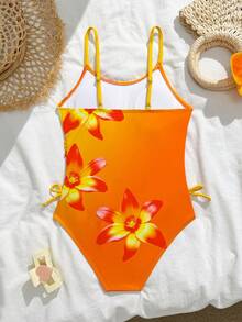 Traje de baño de una pieza con estampado floral degradado para niña preadolescente - Amarillo - Ver 2