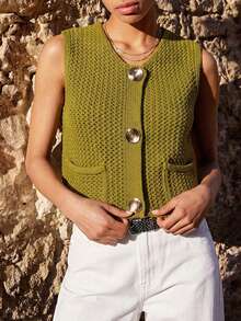 Maija Women's Chunky Knit Sleeveless Cardigan, Spring - Olive Green - View 1