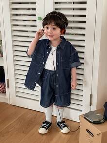 DAZY 2pcs Toddler Boys Retro Washed Denim Collared Top And Shorts Set - Blue - View 1