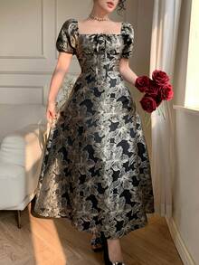 DAZY 女士花卉提花方领花瓣袖优雅中长连衣裙 - 黑色 - 查看 3