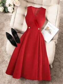 Franclia Nuevo vestido de oficina sin mangas de estilo francés en color rojo, vestido casual de verano, vestido de unicolor para ocasiones formales, vestido elegante, vestido versátil para mujeres, vestido de verano para mujeres, vestido elegante para mujeres, ropa de oficina, vestido elegante para fiestas, adecuado para ocasiones casuales, de fiesta, de viaje y otras. Vestido elegante rojo, vestido acampanado rojo, vestido de invitada de boda rojo, vestido sin mangas, vestido de cuello en V, vestido de moda, vestido elegante, vestido formal, vestidos para mujeres, vestido de mujer, vestido rojo, vestido formal, ropa de alta calidad - Rojo - Ver 3