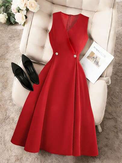 Franclia New French-Style Red Sleeveless Office Dress, Summer Casual Dress, Solid Color Dress For Formal Occasions, Elegant Dress, Versatile Dress For Women, Summer Dress For Women, Elegant Dress For Women, Office Wear, Elegant Party Dress, Suitable For Casual, Party, Commuting And Other Occasions.