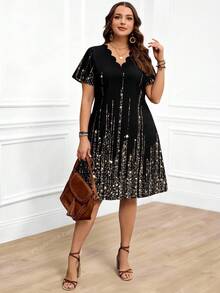 Miaspire 大码适中 V 领贝壳边饰短袖人造水钻定位印花及膝春季女士服装夏季女士服装 - 金色 - 查看 5