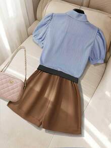 SHEIN Franclia 女士刺绣上衣+宽松阔腿休闲短裤两件套，春夏款 - 彩色 - 查看 2