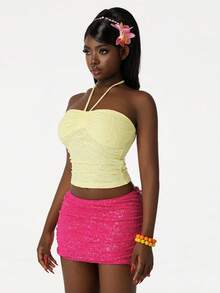 Amplova Beach Vacation Jacquard Textured Fabric Plunging Neckline Reversible Women Tank Top,Summer Top - Yellow - View 15