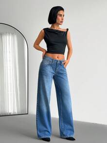 SHEIN Low Waist Darted Denim Straight Leg Woman Jean Everyday Dates Shades Of Blue Summer Streetwear Casual - Medium Wash - View 3