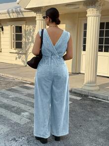 Dazy Plus Vintage Washed Blue Sexy Deep V-Neck Sleeveless Denim Jumpsuit, Plus Size For Women, Spring/Autumn - Baby Blue - View 2
