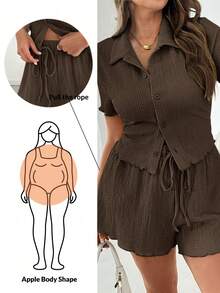 SHEIN Essnce 大码夏季两件套，夏季两件套短裤套装，返校季少女服装，女士两件套演唱会女装Y2K套装，两件套，女士休闲度假两件套薄荷绿套装 - 棕色 - 查看 1