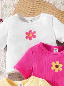 SHEIN Vintaside Kids 4 chiếc áo thun ngắn tay thêu họa tiết dễ thương, đa năng cho bé gái. - Nhiều màu - Xem 4