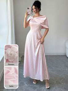 Modelyn 女士优雅粉色连衣裙，饰有3D立体花卉图案和喇叭裙摆 - 淺粉色 - 查看 5
