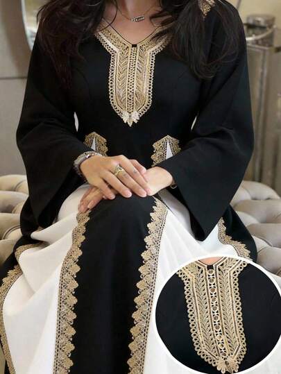 Al Najma Vestido largo de manga larga con patchwork elegante para mujer de talla grande