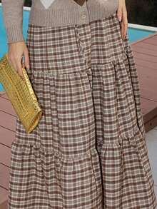 Gretanique 女士卡其色格子长裙，女牛仔服装 - 卡其色 - 查看 3