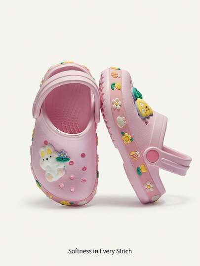 Cozy Pixies 可爱卡通粉色儿童花园拖鞋，适合婴幼儿穿着，透气速干，轻便EVA材质，室内外均可穿着，可在室内、浴室、游乐场、游泳池、海滩等场所穿着。