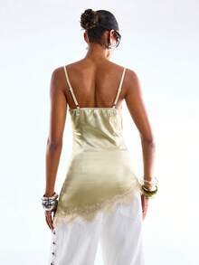 LYSMO 2026新款极简主义春夏女式撞色蕾丝垂褶领吊带背心，夏季海滩度假女装 - 綠色 - 查看 2