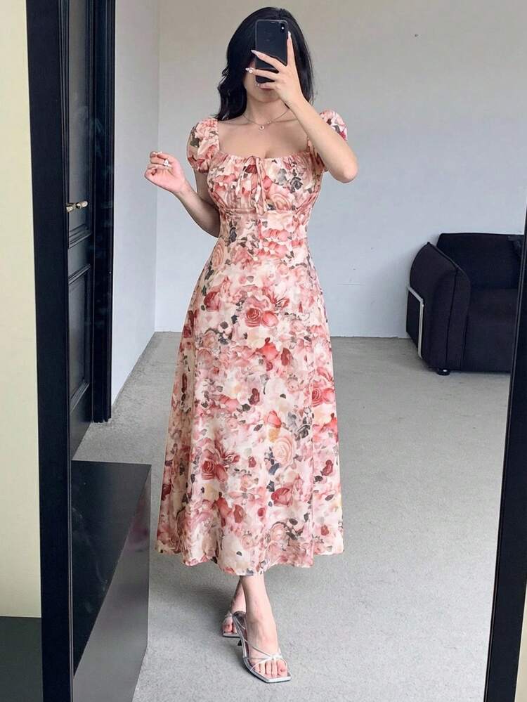 Oil Painting Print Reversible Petal Sleeve Dress For Women Sundress Boho