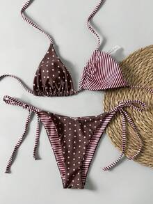 SHEIN Swim Mod Women's Polka Dot & Striped Reversible Halter Neck Triangle Bikini 2 Pieces Swimwear Set, Suitable For Beach, Pool, Party, Casual, Sweet Girl Style, Spring/Summer - Multicolor - View 4