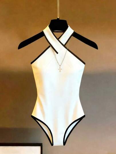 Franclia Women's New Halter Neck Criss-Cross Trim Fitted Bodysuit, Minimalist Versatile