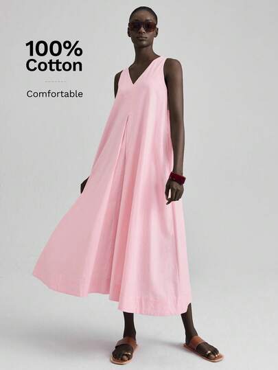 Ontre 2026 Women's Teacher Outfit, Independence Day, Women's Airport Fashion, Comfortable Casual Style, V-Neck, Sleeveless, Women's Long Dress, Light Pink, Front And Back Asymmetric Dress, Flared Skirt, Pale Pink, Flared Skirt, Spring/Summer Clothing, Everyday Wear, Comfortable Casual Dress, Casual Wear, Loose Fit Beach Clothing, All Season  Ins Celebrity Same Style Vacation Style, Exotic Atmosphere, Country Concert, Western Style Clothing, High-Grade Fabric, Comfortable And Breathable Bohem