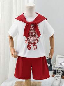 SHEIN 3pcs/Set Young Boy Kids Three Piece Set,White,Summer,Career Day,Back-To-School,Cute Teddy Bear Pattern Knitted T-Shirt,Shawl&Shorts,Loose Fit,Sports - Red - View 5