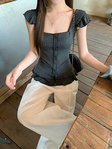 DAZY 女士波点韩式荷叶边夏季T恤 - 灰色 - 查看 4