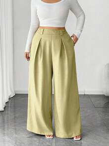 Elenzga Pantalones anchos de color beige sólido para mujer de talla grande, de estilo elegante, de moda para ir al trabajo y la oficina - Amarillo - Ver 3