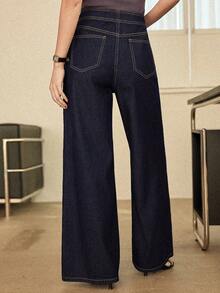 Dazy-Less 女士休闲斜插口袋阔腿牛仔裤 - 藍色 - 查看 4