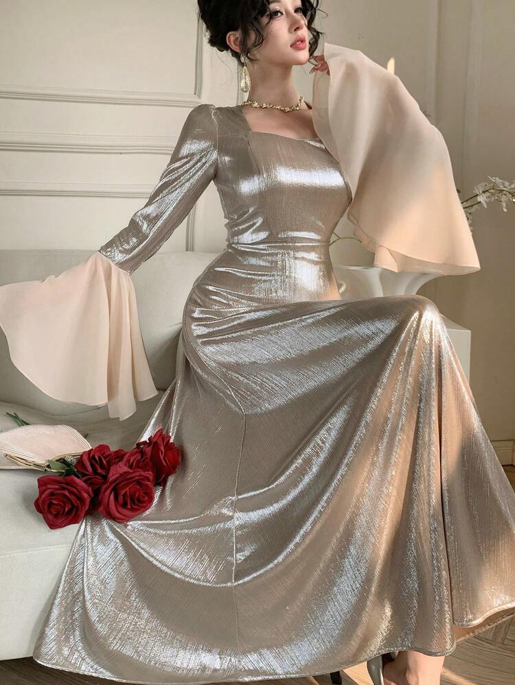 Spring Square Neck Bridesmaid Wedding Guest Trumpet Sleeve Cinched Waist Mid-Length Dress For Banquet Sundress
