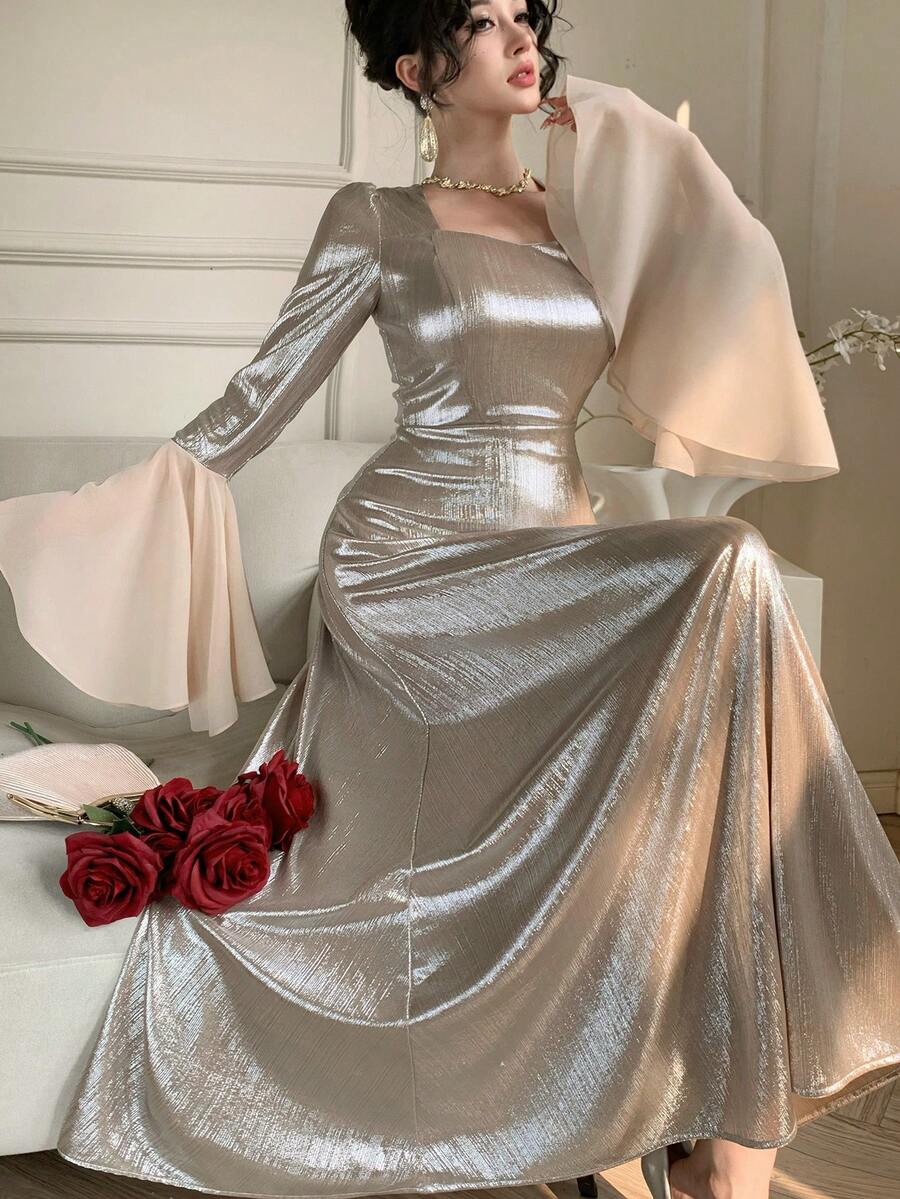 DAZY 春季方领伴娘婚礼宾客喇叭袖收腰中长礼服，适合宴会 - 杏色 - 查看 1