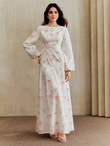 Anewsta Women's Elegant White And Pink Floral Print Maxi Dress,Long Sleeve Casual Loose Summer Cottagecore Party Dress,Minimalist Wildflower Floral Applique - Multicolor - View 6