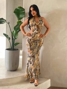 SHEIN SXY Leopard Print Backless Decorative Metal Halter Dress Sexy Maxi Dress Snake Dress Summer Sexy Dress Tiger Print Dress Open Back Dress Sexy Vacation Dress Halter Neck Dress Snake Print Dress Cut-Out Dress Leopard Print Dress - Multicolor - View 6