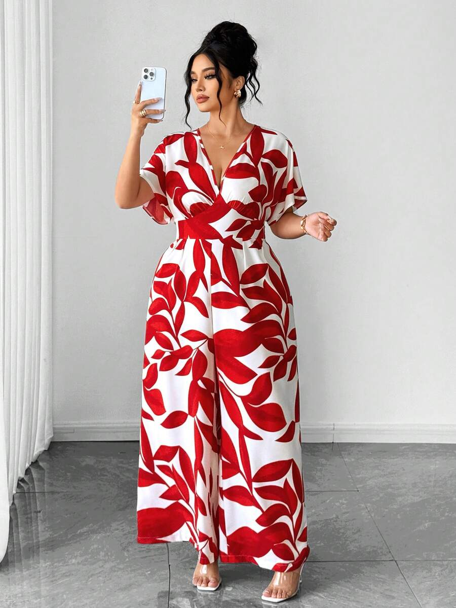 Elenzga 情人节优雅休闲法式复古度假风V领红色碎花连体裤，春夏款 - 紅色 - 查看 1