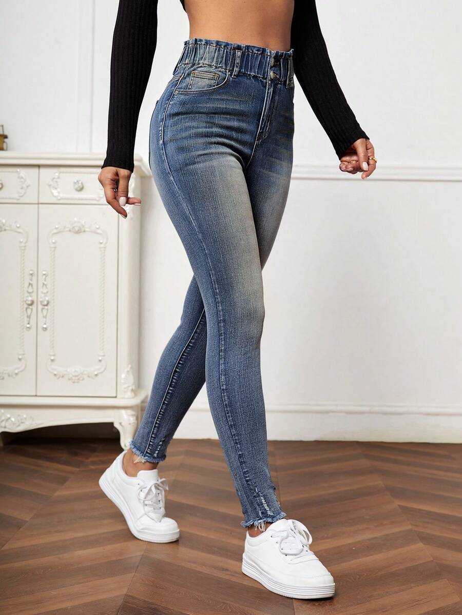 EMERY ROSE Women's Casual Washed Slant Pocket Skinny Jeans - Medium Wash - View 1
