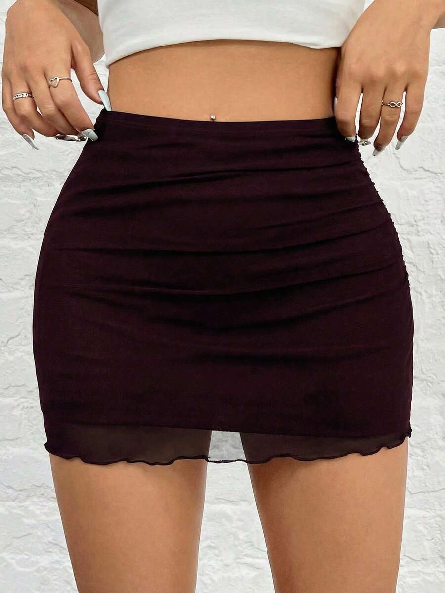 SHEIN EZwear 女士夏季性感日常通勤高腰网纱拼接荷叶边修身紧身裙 - 彩色 - 查看 1
