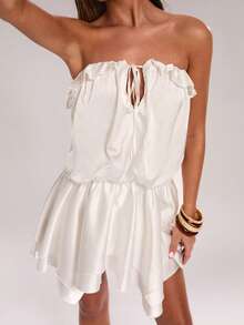 SHEIN BAE Women's White Strapless Satin Dress,Summer Ruched Twist Asymmetric Hem Bandeau Dress,Mama Mia Style,Perfect For Party,Vacation,Holiday & Nightclub - White - View 8