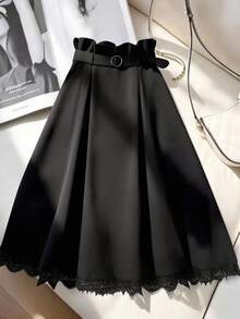 GlowEve CURVE Plus Size Women Elegant Commuter Decorative Button Ruched A-Line Skirt - Black - View 8