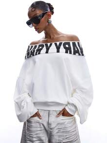 LYSMO Sudadera holgada y casual con estampado de letras y hombros caídos, versátil para uso diario en primavera/otoño - Blanco y Negro - Ver 7